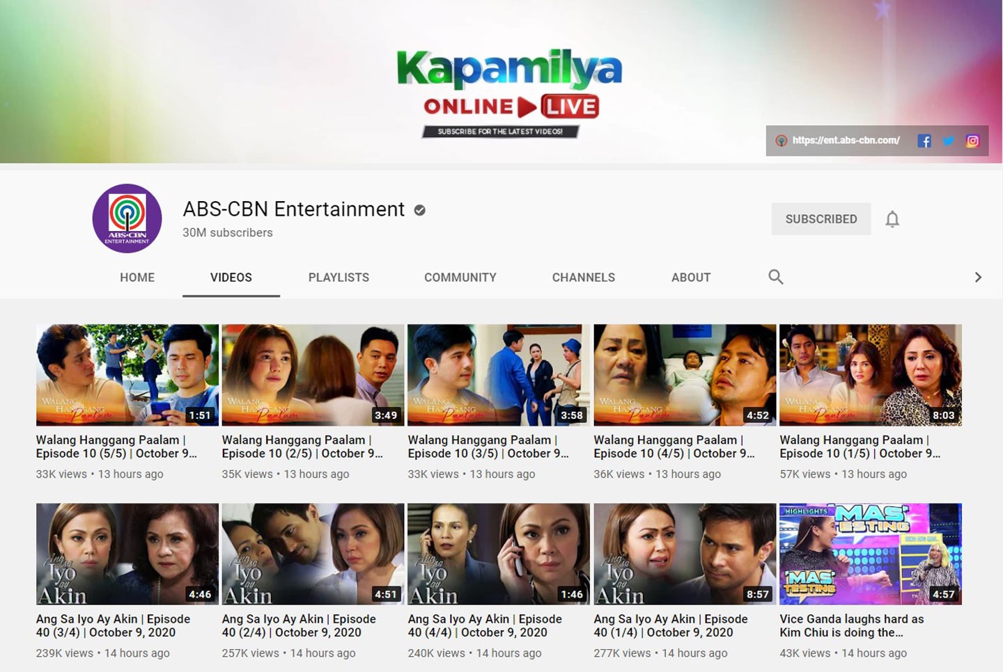 Media ABSCBN Entertainment YouTube Channel reaches 30M subscribers